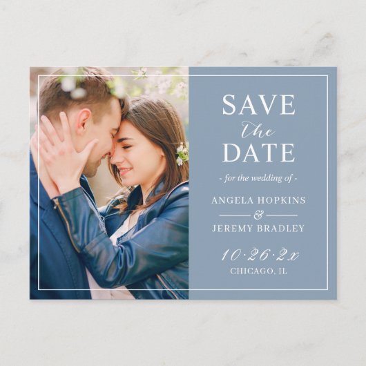 Dusty Blue Minimalist Photo Save the Date Briefkaart (Voorkant)
