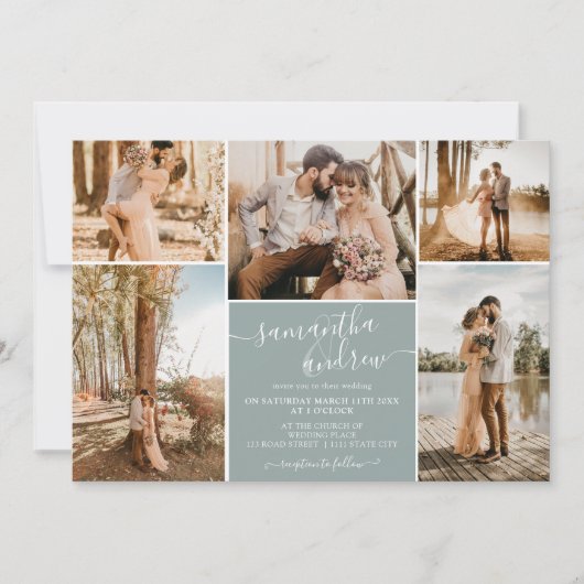 Dusty blue minimalist script 6 foto's bruiloft kaart (Voorkant)