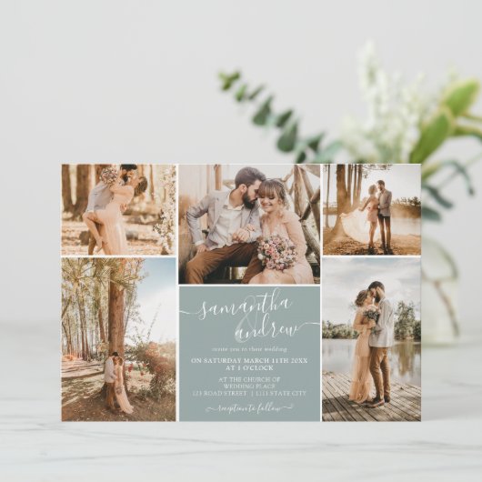 Dusty blue minimalist script 6 foto's bruiloft kaart (Staand voorkant)