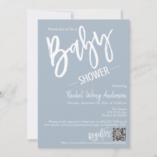 Dusty Blue Minimalist Script Baby shower QR Code Kaart (Voorkant)