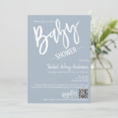 Dusty Blue Minimalist Script Baby shower QR Code Kaart (Staand voorkant)
