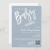Dusty Blue Minimalist Script Baby shower QR Code Kaart (Voorkant / Achterkant)