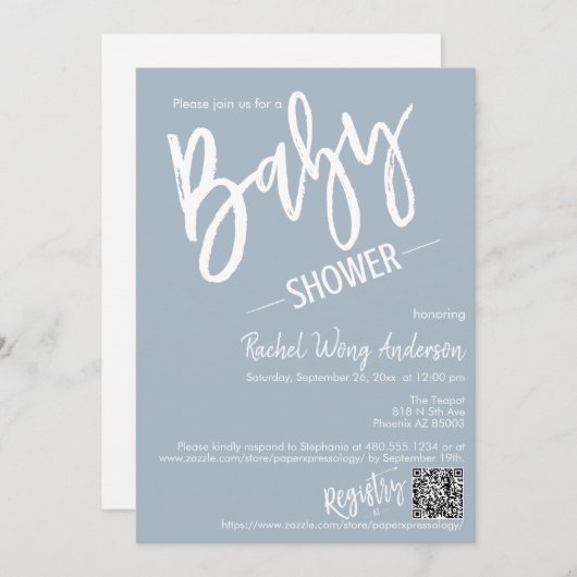 Dusty Blue Minimalist Script Baby shower QR Code Kaart (Voorkant / Achterkant)