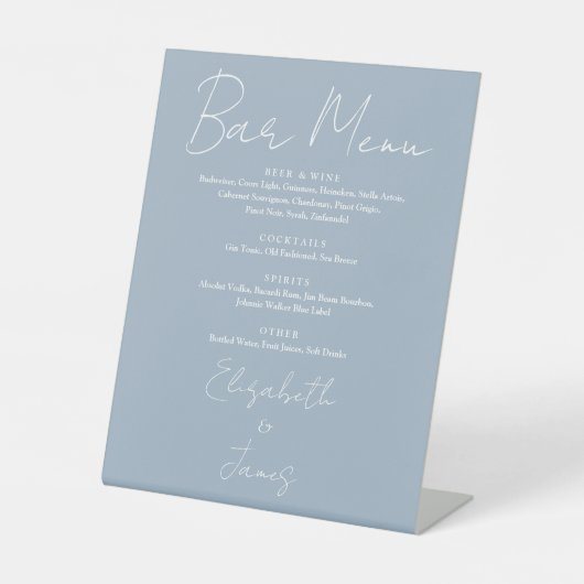 Dusty Blue Minimalist Script Bar Menu Reclamebord Met Voetstuk (Voorkant)