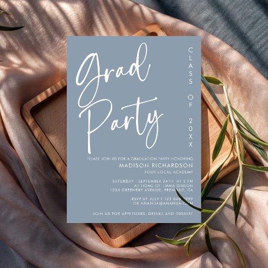 Dusty Blue Minimalist Script Graduation Party Kaart