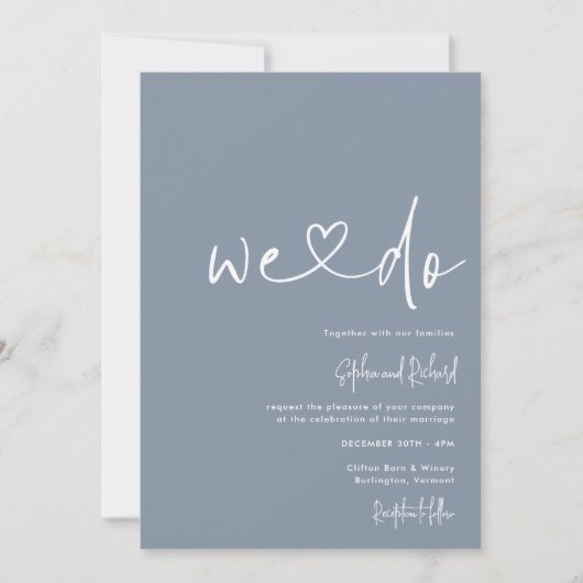 Dusty Blue Minimalist Script Modern Wedding Kaart (Voorkant)