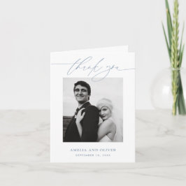 Dusty Blue Minimalist Script Photo Wedding Bedankkaart