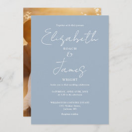 Dusty Blue Minimalist Script Photo Wedding Kaart