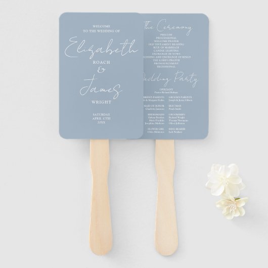 Dusty Blue Minimalist Script Wedding Programme Handwaaier (Voorkant en achterkant)