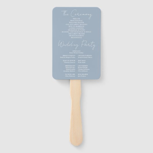 Dusty Blue Minimalist Script Wedding Programme Handwaaier (Achterkant)