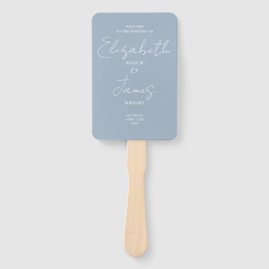 Dusty Blue Minimalist Script Wedding Programme Handwaaier (Voorkant)