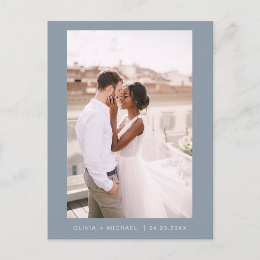 Dusty Blue Minimalist Sla de Date Script Photo op Briefkaart (Voorkant)