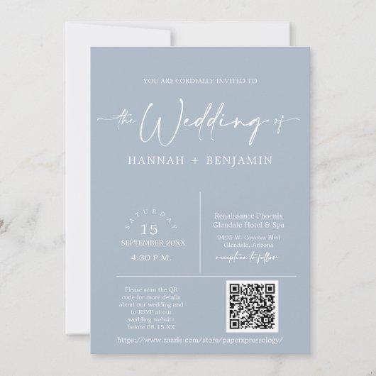 Dusty Blue Minimalist Wedding Arch QR Code Foto Kaart (Voorkant)