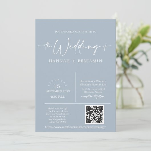 Dusty Blue Minimalist Wedding Arch QR Code Foto Kaart (Staand voorkant)
