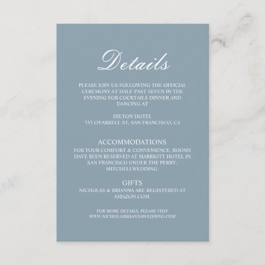 Dusty Blue Minimalist Wedding Details Informatiekaartje (Voorkant)