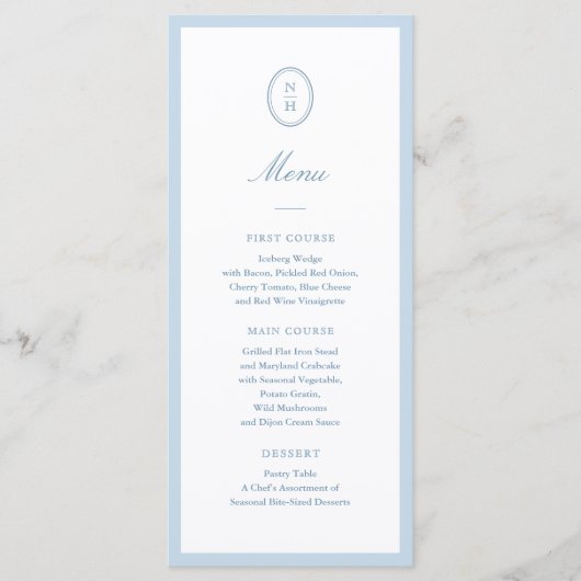 Dusty Blue Minimalist Wedding Monogram Flat Menu (Voorkant)