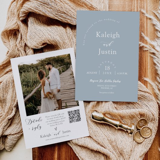 Dusty Blue Minimalist Wedding QR Code Foto Kaart