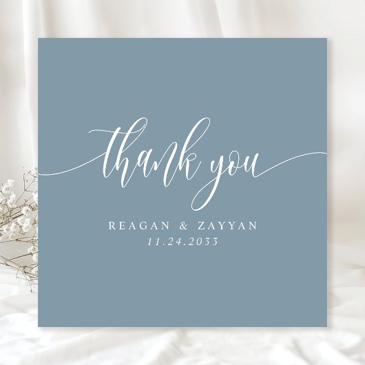 Dusty Blue minimalistisch script bruiloft Bedankkaart