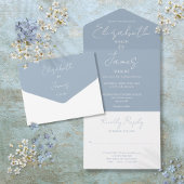 Dusty Blue Minimalistische Elegant Script bruiloft All In One Uitnodiging