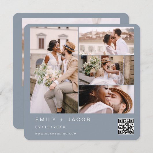 Dusty Blue Minimalistische foto QR code bruiloft Kaart (Voorkant / Achterkant)