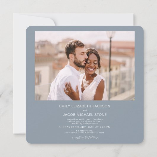 Dusty Blue Minimalistische foto QR code bruiloft Kaart (Achterkant)