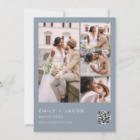 Dusty Blue Minimalistische foto QR code Wit Bruilo Kaart (Voorkant)