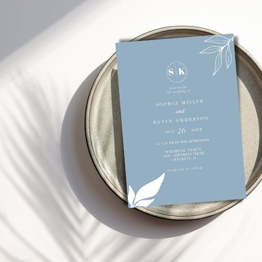 Dusty Blue minimalistische tak laat moderne bruilo Kaart