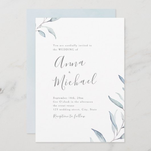 Dusty blue minuscule bruinkoolbruiloft kaart (Voorkant / Achterkant)