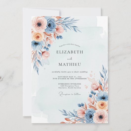 Dusty Blue Misty Botanical Wedding Kaart (Voorkant)