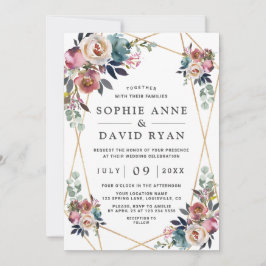 Dusty Blue Misty Roos Floral Gold Wedding Kaart