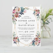 Dusty Blue Misty Roos Floral Gold Wedding Kaart (Staand voorkant)