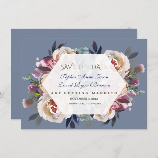 Dusty Blue Misty Roos Floral Save the Date (Voorkant / Achterkant)