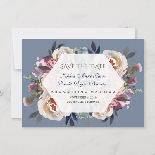 Dusty Blue Misty Roos Floral Save the Date (Voorkant)