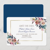 Dusty Blue Misty Roos Floral Save the Date (Voorkant / Achterkant)