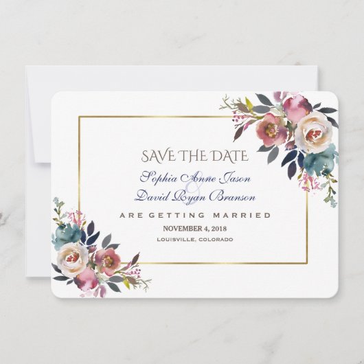 Dusty Blue Misty Roos Floral Save the Date (Voorkant)