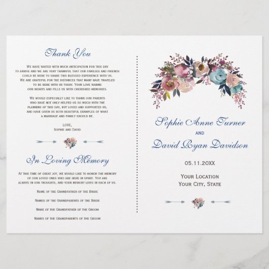 Dusty Blue Misty Roos Floral Wedding Programme Flyer (Voorkant)