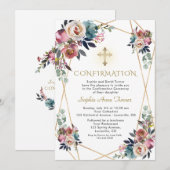 Dusty Blue Misty Roos Flowers Gold-bevestiging Kaart (Voorkant / Achterkant)