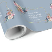 Dusty Blue Misty Roos Flowers Gold Lijst Wedding Cadeaupapier (Rol Hoek)