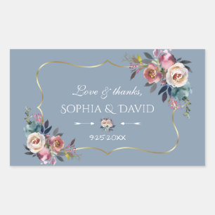 Dusty Blue Misty Roos Flowers Gold Wedding Rechthoekige Sticker