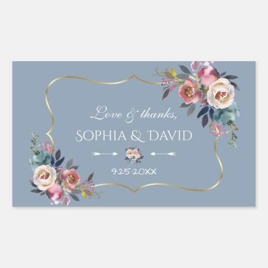 Dusty Blue Misty Roos Flowers Gold Wedding Rechthoekige Sticker (Voorkant)