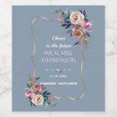 Dusty Blue Misty Roos Flowers Gold Wedding Wijn Etiket (Enkel label)