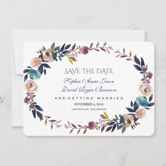 Dusty Blue Misty Roos, met de vermelding Save the Date (Voorkant)