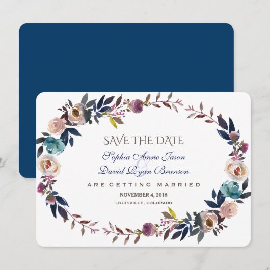 Dusty Blue Misty Roos, met de vermelding Save the  Save The Date (Voorkant / Achterkant)