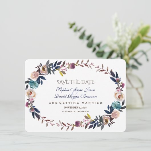 Dusty Blue Misty Roos, met de vermelding Save the Save The Date (Staand voorkant)