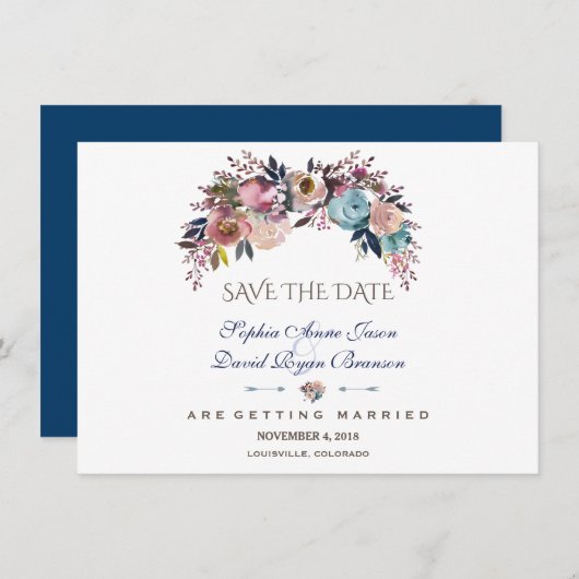 Dusty Blue Misty Rose Bouquet bewaar de datum Save The Date (Voorkant / Achterkant)