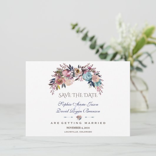 Dusty Blue Misty Rose Bouquet bewaar de datum Save The Date (Staand voorkant)
