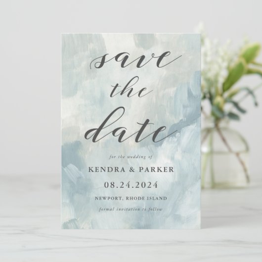 Dusty Blue Modern Abstract Save the Date (Staand voorkant)