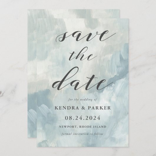 Dusty Blue Modern Abstract Save the Date (Voorkant / Achterkant)