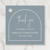 Dusty Blue Modern Arch Minimalist Christening Bedankjes Labels (Voorkant)