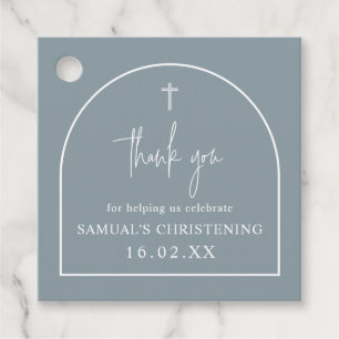 Dusty Blue Modern Arch Minimalist Christening Bedankjes Labels